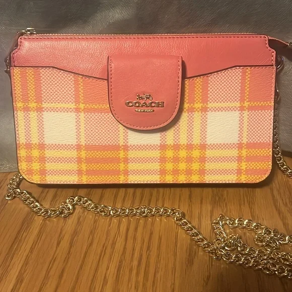 Coach Poppy Crossbody With Garden Plaid Print Gold/Taffy Multi - Picture 4 of 7